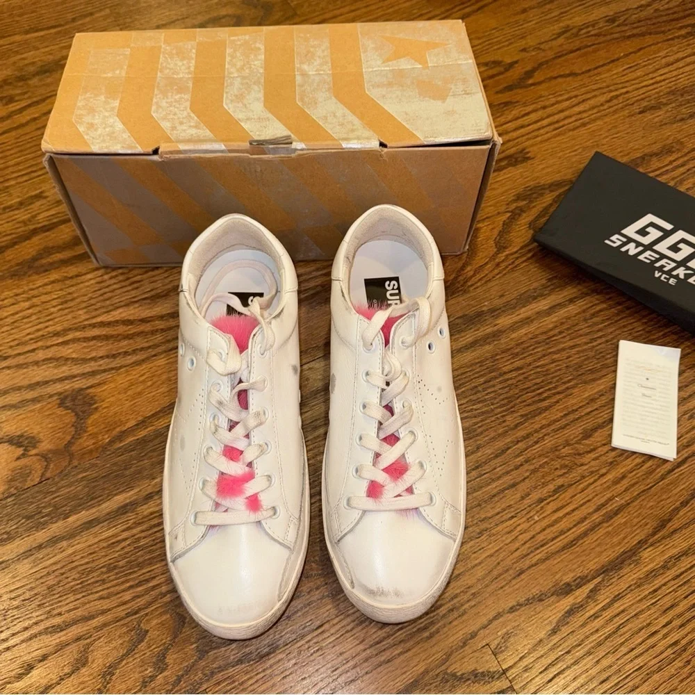 New Size 40 Golden Goose Superstar Sneakers White Leather Pink Mink Fur